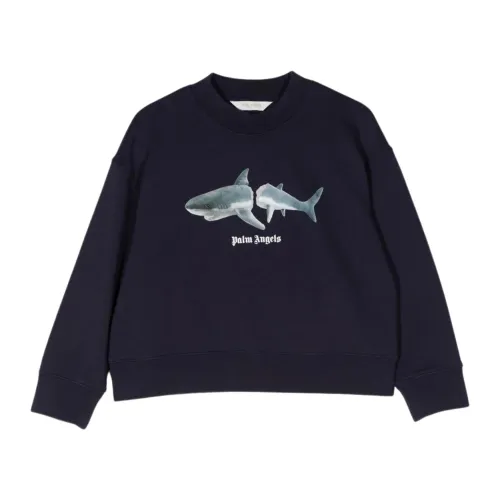 Palm Angels , Blue Cropped Sweater with Shark Print ,Blue male, Sizes: