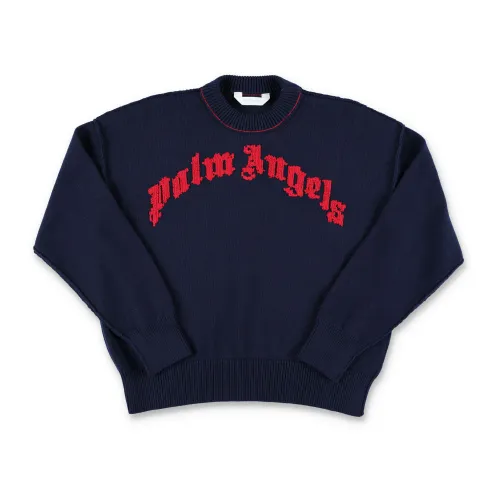 Palm Angels , Blue Curved Logo Knit Sweater ,Blue male, Sizes: