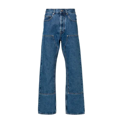 Palm Angels , Blue Denim Jeans with Contrast Stitching and Patch Detail ,Blue male, Sizes: