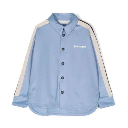 Palm Angels , Blue Logo Print Jersey Shirt ,Blue male, Sizes: