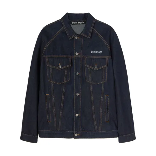 Palm Angels , Denim Logo Jacket with Button Closure ,Blue male, Sizes: