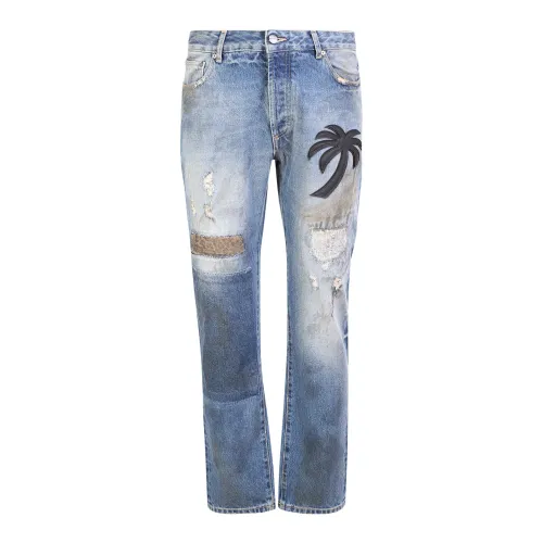 Palm Angels , Distinctive Palm Tree Patchwork Jeans ,Blue male, Sizes: