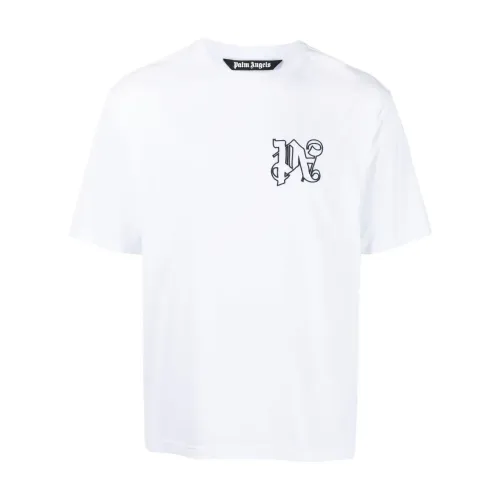 Palm Angels , Embroidered Monogram Crewneck T-shirts and Polos ,White male, Sizes: