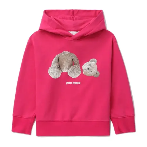 Palm Angels , Fuchsia Cotton Hoodie with Teddy Bear Print ,Pink female, Sizes: