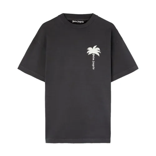 Palm Angels , Grey Palm Tree Print T-shirts and Polos ,Gray male, Sizes: