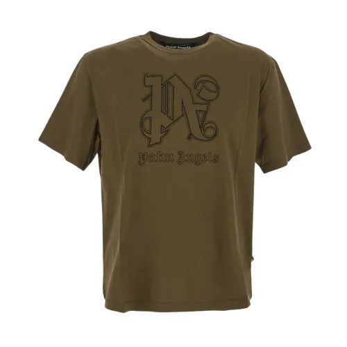 Palm Angels , Khaki Monogram Crew Neck T-Shirt ,Brown male, Sizes:
