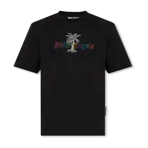 Palm Angels , Logo-embroidered T-shirt ,Black male, Sizes: