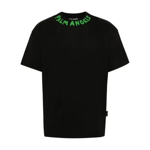 Palm Angels , Logo Print Crew Neck T-shirts and Polos ,Black male, Sizes: