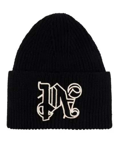 Palm Angels Mens Embroidered Monogram Beanie in Black Cotton - One
