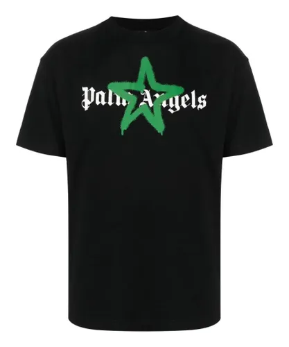 Palm Angels Mens Green Star Sprayed Logo-print T-shirt Black Cotton