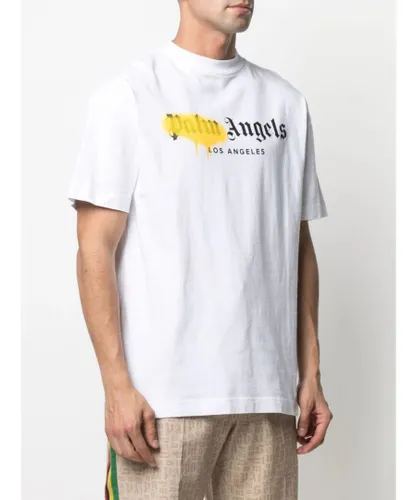 Palm Angels Mens Los Angeles Yellow Sprayed Logo T-Shirt in White Cotton