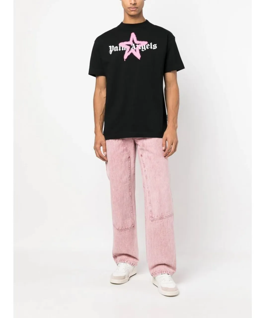 Palm Angels Mens Pink Star Sprayed Logo-print T-shirt Black Cotton