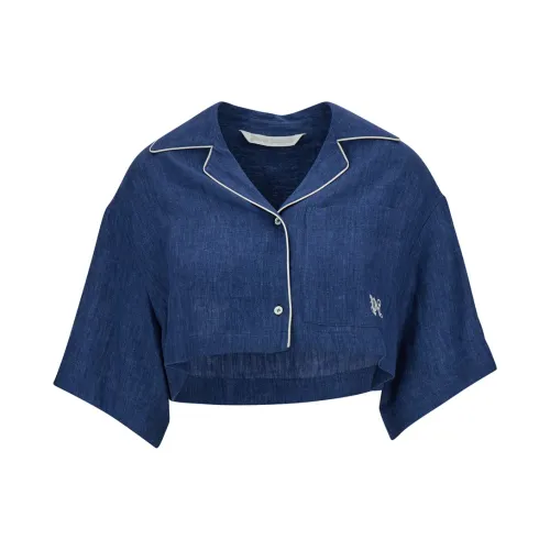 Palm Angels , Monogram Linen Crop Shirt Indigo Blue ,Blue female, Sizes: