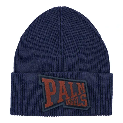 Palm Angels , Navy Ribbed Beanie with Logo Embroidery ,Blue male, Sizes: ONE