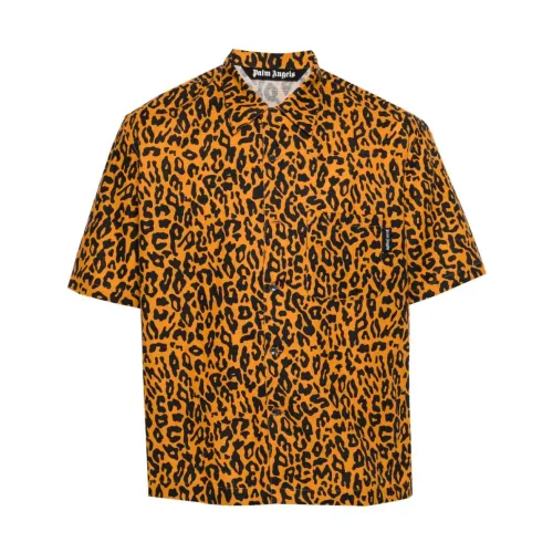 Palm Angels , Orange Leopard Print Linen-Cotton Shirt ,Orange male, Sizes: