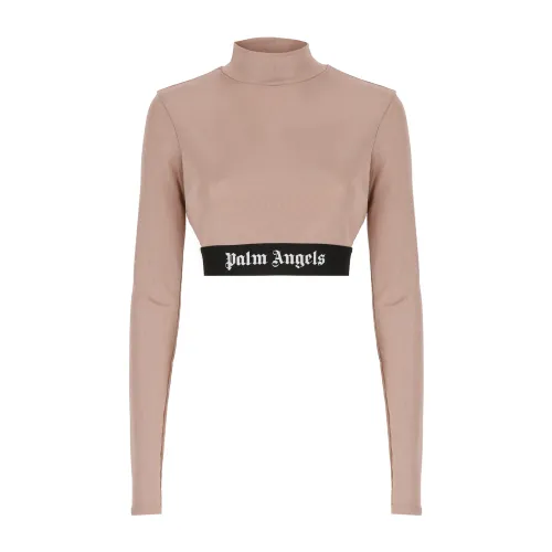 Palm Angels , Powder Pink Ribbed Cropped T-shirt ,Pink female, Sizes: