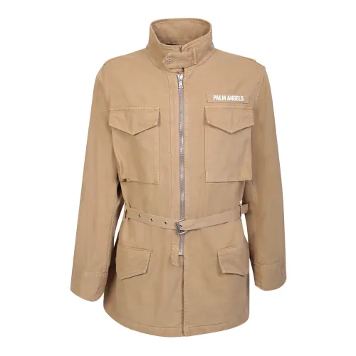 Palm Angels , Sporty Cotton Jacket with Logo Print and Patch Pockets ,Beige male, Sizes: