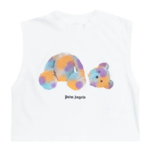 Palm Angels , White Cropped Sleeveless T-shirt with Multicolor Teddy Logo ,White female, Sizes: