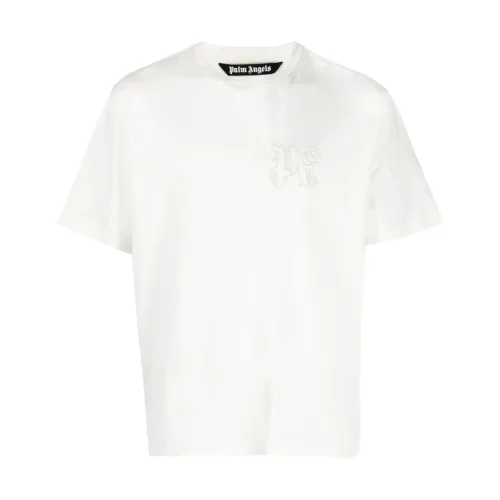 Palm Angels , White Logo T-shirt with Embroidered Logo ,White male, Sizes: