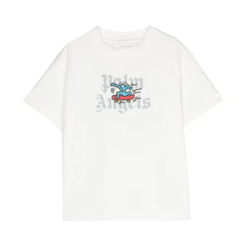 Palm Angels , White Printed T-shirt with Crew Neck ,White male, Sizes: