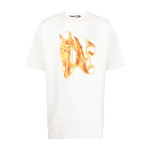 Palm Angels , White T-shirt with Burning PA Monogram ,White male, Sizes: