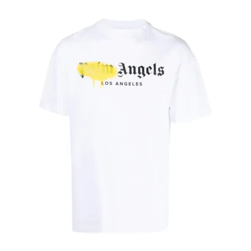 Palm Angels , Yellow Sprayed Logo T-Shirt ,White male, Sizes:
