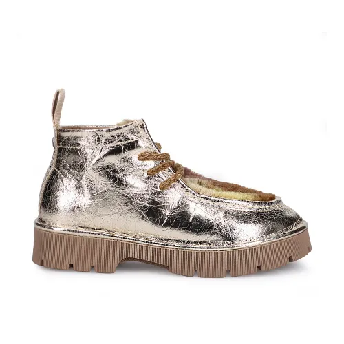 Panchic , Golden Flat Shoes with Cracked-Effect Platinum Leather ,Yellow female, Sizes: