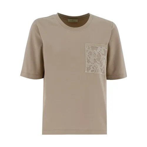 Panicale , Embroidered Crew Neck T-Shirt ,Beige female, Sizes: