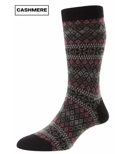 Pantherella Mens Sherborne Fair Isle Cashmere Sock in Claret/Red/Brown Pattern Fabric