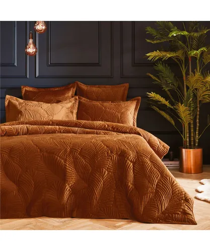 Paoletti Palmeria Quilted Velvet Duvet Cover Set - Rust - Size Double