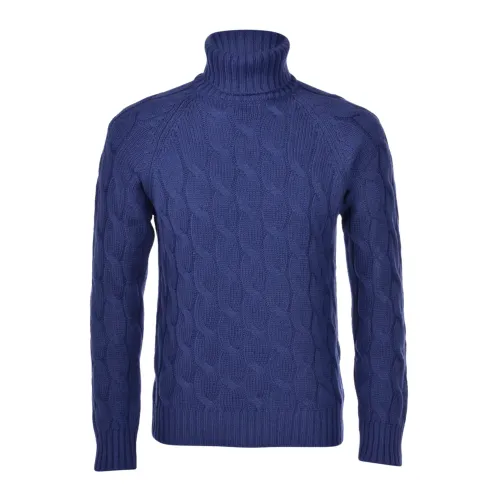 Paolo Fiorillo Capri , Air Wool Turtleneck with Cable Knit ,Blue male, Sizes: