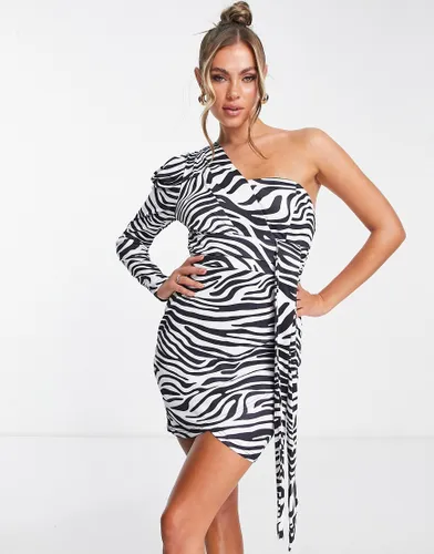 Parisian one shoulder asymmetric mini dress in zebra print-Multi