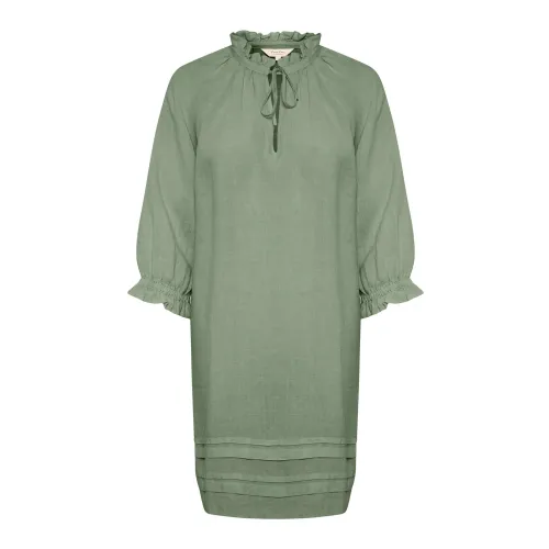Part Two , Feminine Green Linen Dress with Flounce ,Green female, Sizes: