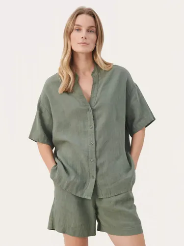 Part Two Ghita Linen Short Sleeves V-Notch Neck Shirt - Agave Green - Female