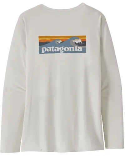 Patagonia Women's Long Sleeve Capilene Cool Daily Graphic T Shirt - White/ Plume Grey Boardshort Logo