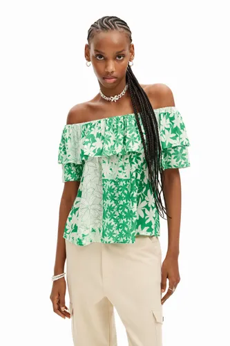 Patchwork floral ruffle blouse - GREEN - S