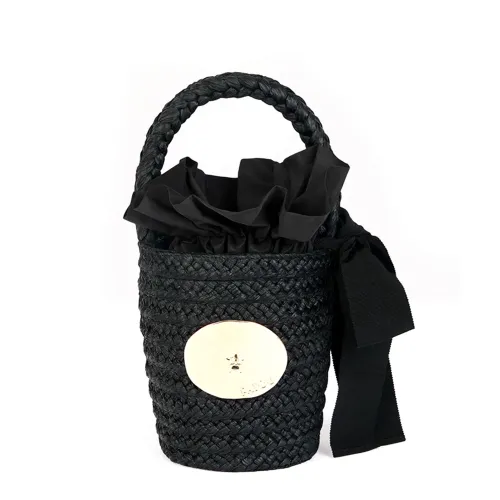 Patou , Black Raffia Bucket Bag with Gold-Tone Hardware ,Black female, Sizes: ONE SIZE