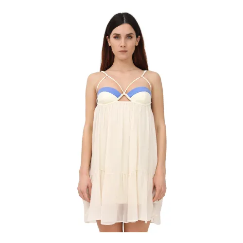 Patrizia Pepe , Cream Short Dress with Unique Back Neckline and Contrasting Straps ,White female, Sizes: