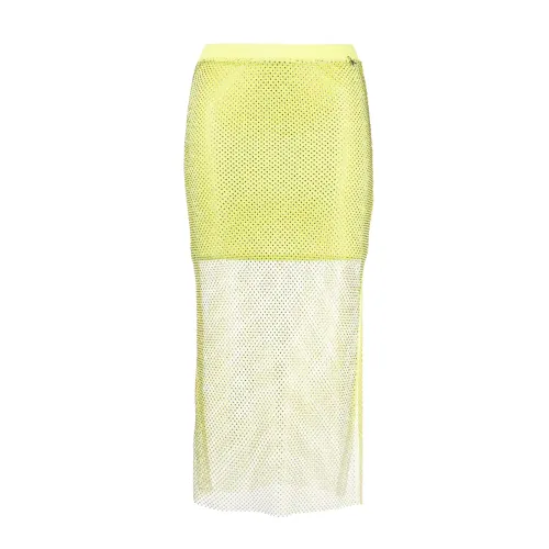 Patrizia Pepe , Yellow Midi Skirt with Knit Mesh and Rhinestone Studs ,Yellow female, Sizes: