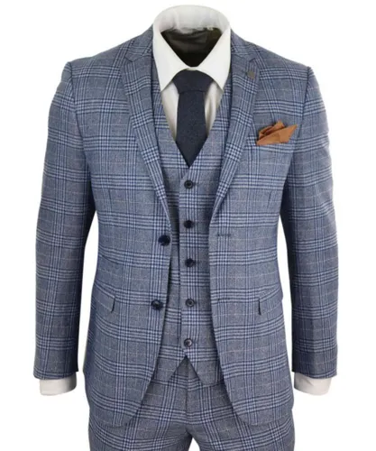 Paul Andrew Mens 3 Piece Blue Grey Tweed Check Vintage Retro Suit
