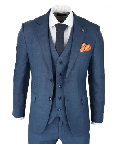 Paul Andrew Mens 3 Piece Blue Suit Prince Of Wales Check Classic Light Tailored Fit Modern