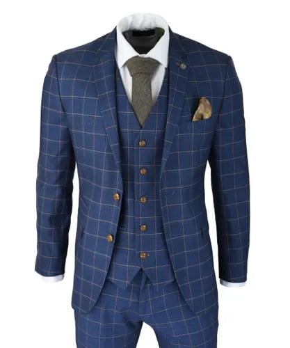 Paul Andrew Mens 3 Piece Suit Blue Gold Check Peaky Blinders 1920 Gatsby Smart Vintage