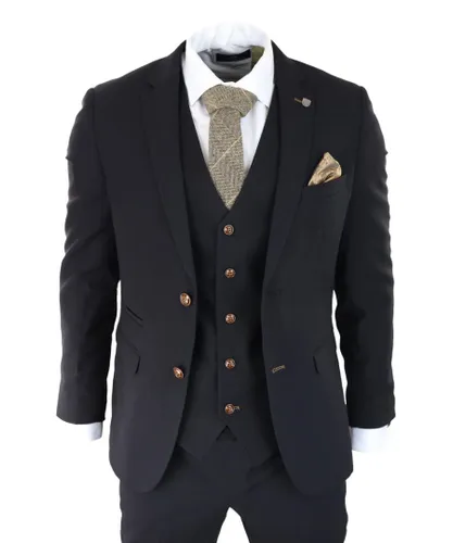 Paul Andrew Mens Black 3 piece Suit Brown Trim Classic Birdseye Vintage Wedding Grooms