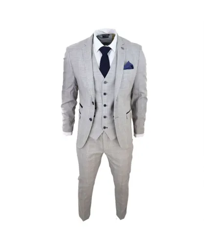 Paul Andrew Mens Grey 3 Piece Tan Brown Check Tailored Fit Suit Velvet