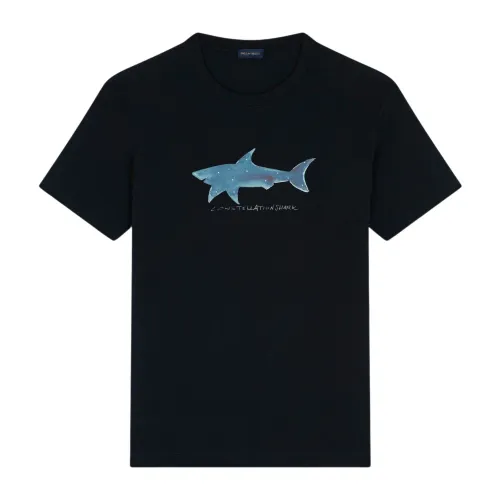 Paul & Shark , T-shirt in jersey di cotone con stampa shark ,Blue male, Sizes: