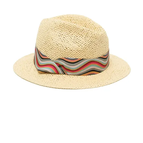 Paul Smith , Beige Ribbon-Trim Straw Fedora Hat ,Beige female, Sizes: