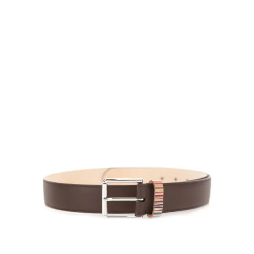 Paul Smith , Brown Leather Belt with Multistripe Keeper ,Brown male, Sizes: