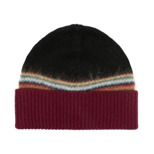 Paul Smith , Knitted Wool Hats with Stripe Detailing ,Black male, Sizes: ONE