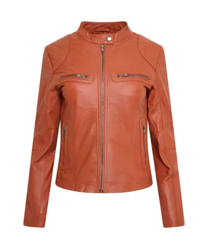 Pelle D'annata Womens D’annata Ladies Real Leather Biker Jacket in Dark Orange