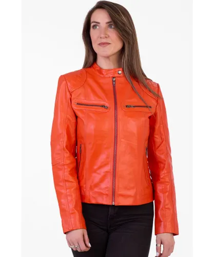 Pelle D'annata Womens D’annata Ladies Real Leather Biker Jacket in Orange